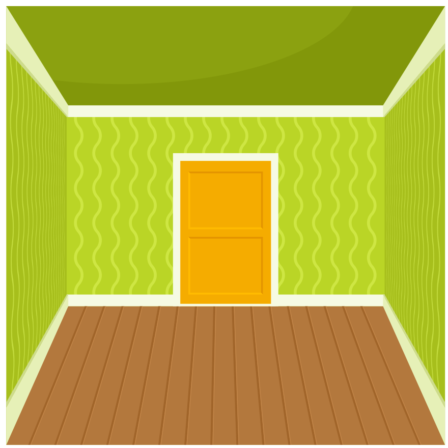 Ein grüner Raum mit Tür und Holzboden.