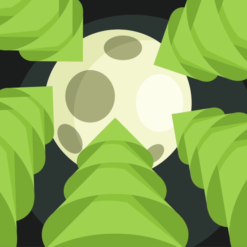 Moon shining through trees at night.