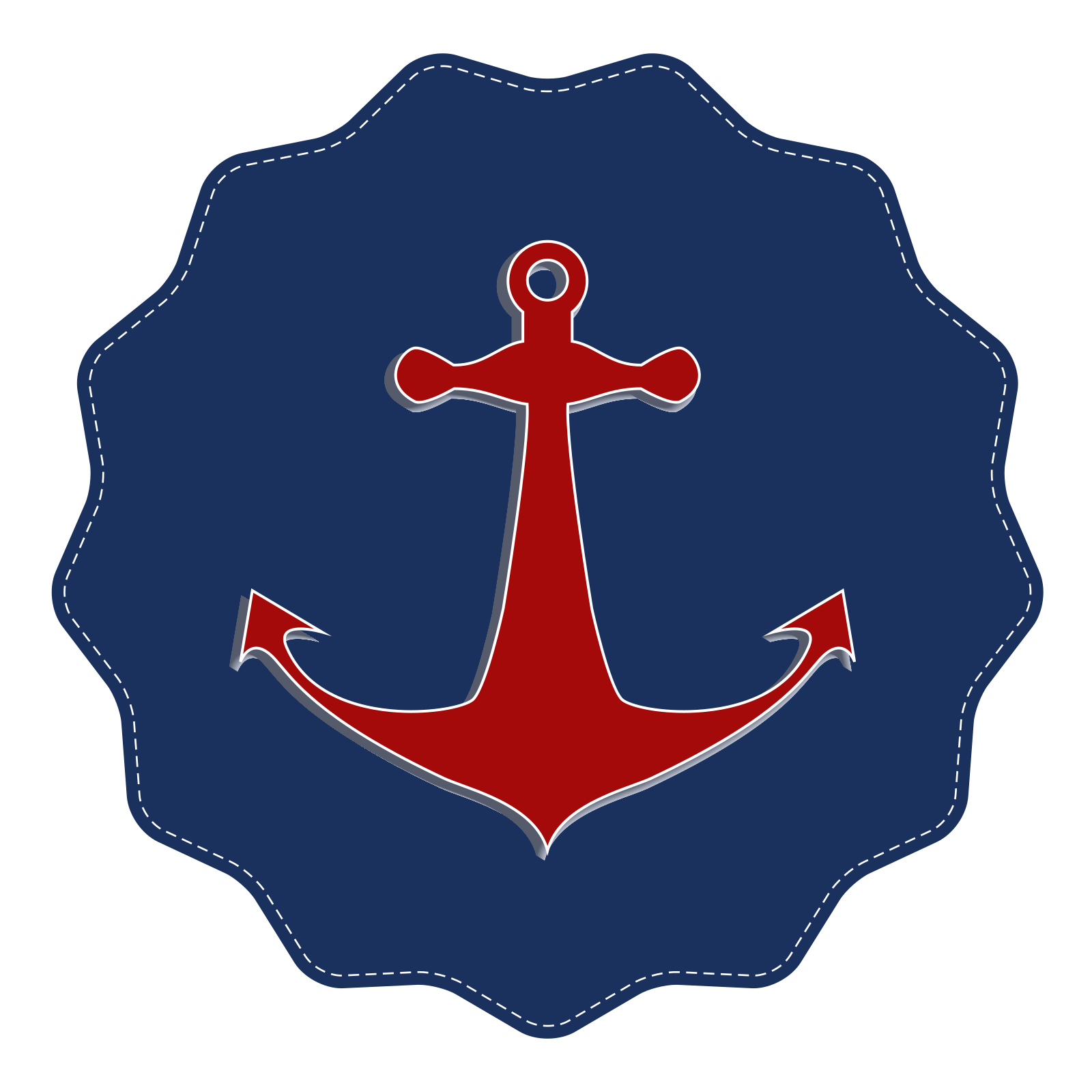 A red anchor is on a blue, scalloped patch.