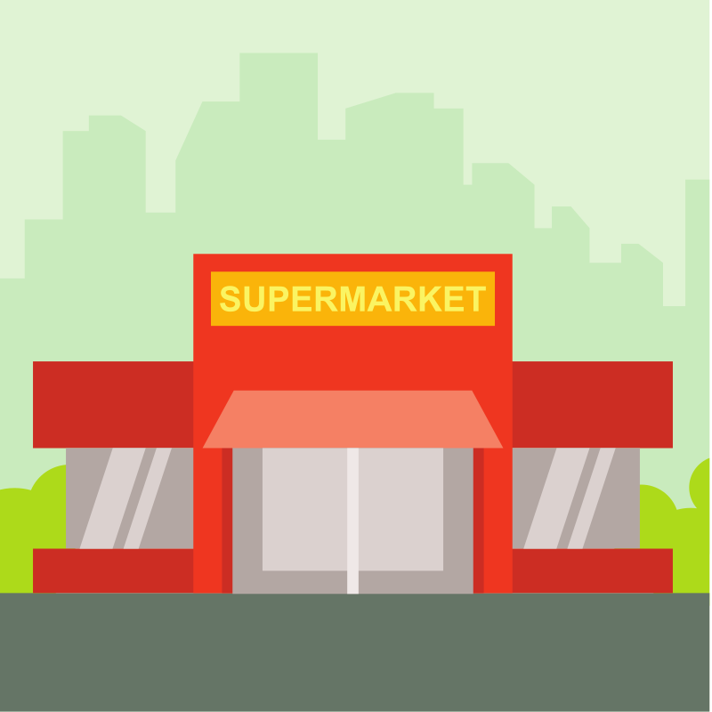 A red supermarket with a yellow sign.