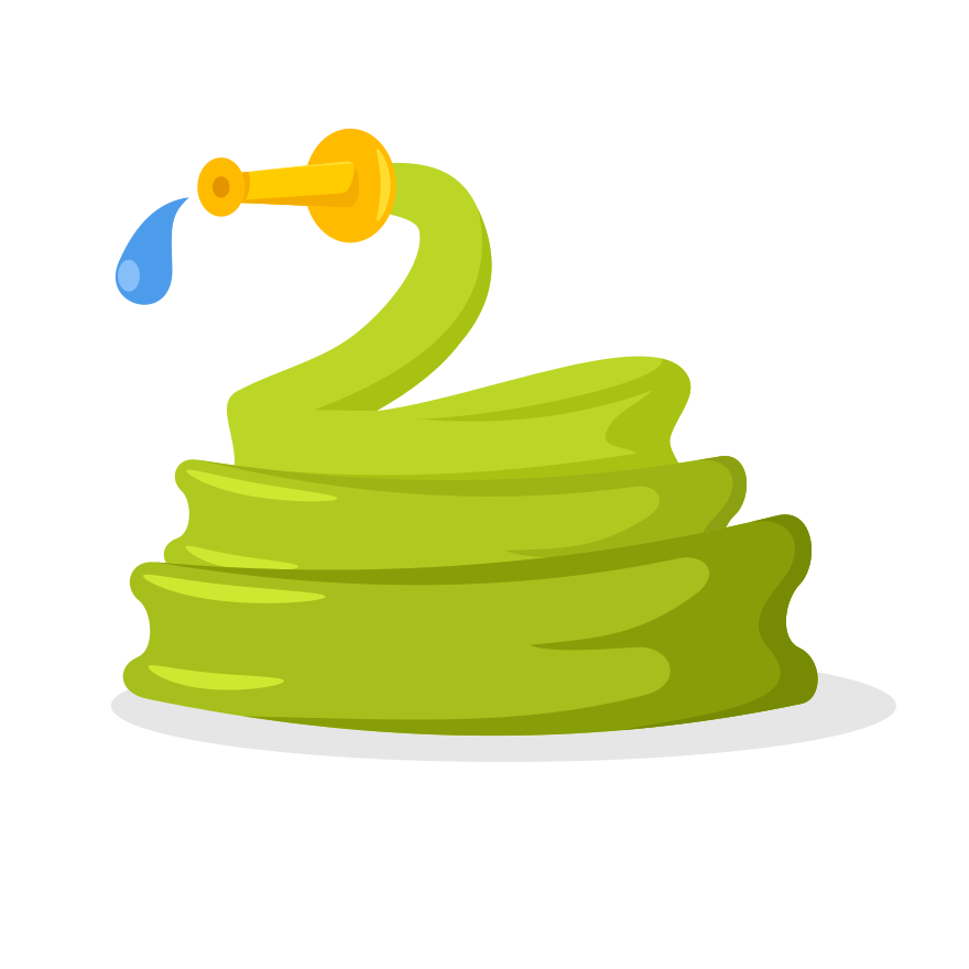 A green garden hose with water dripping out.