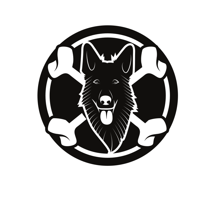 A german shepherd logo with crossed bones.