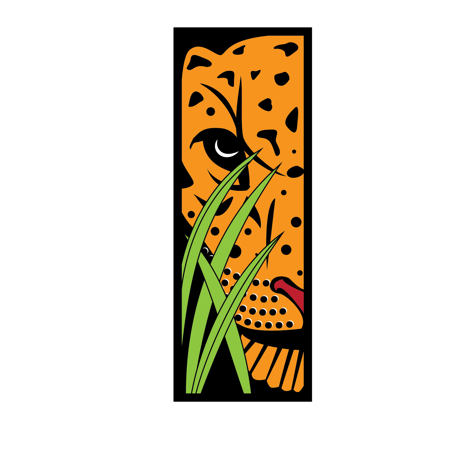 Das Gesicht eines Geparden lugt durch grüne Klingen.