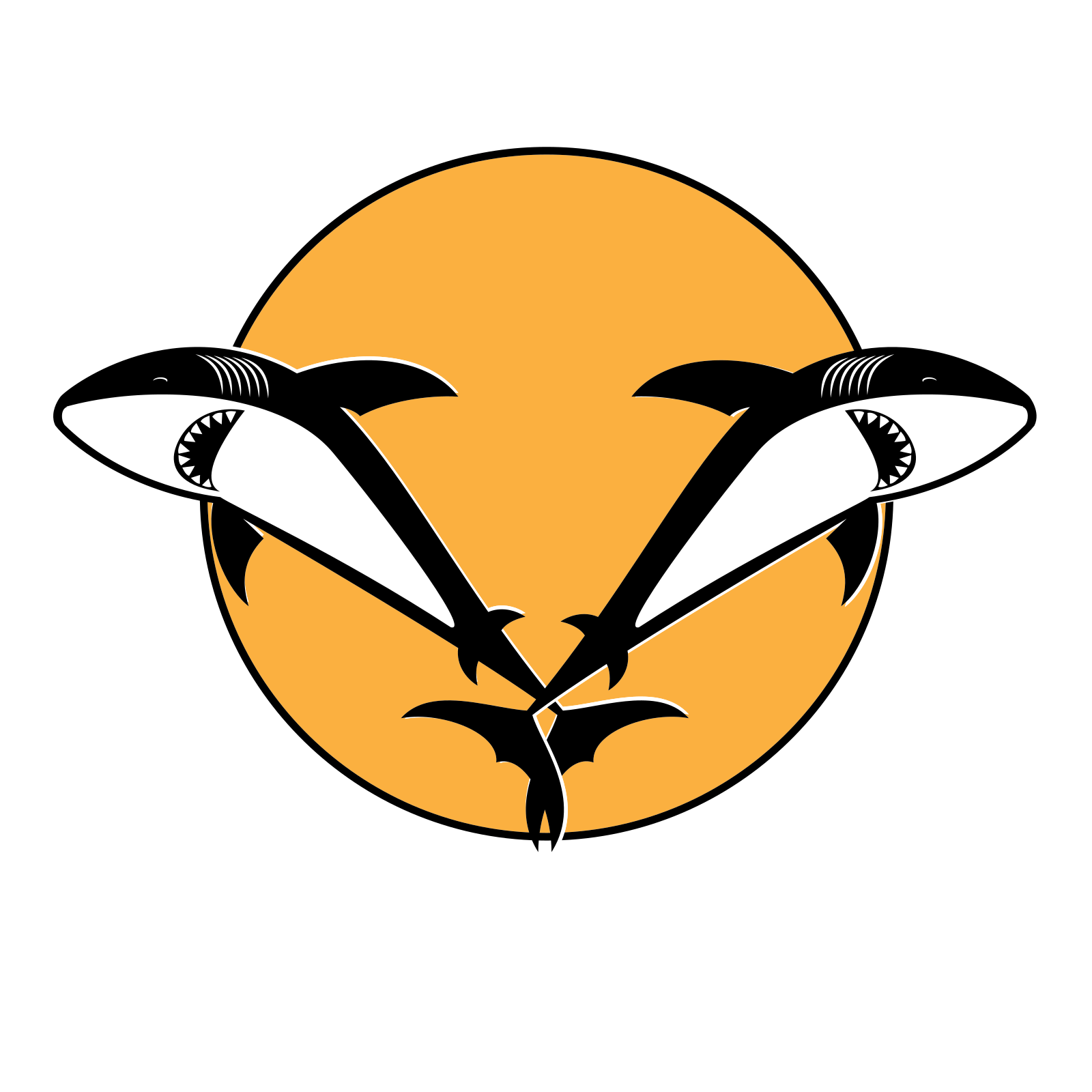 Two sharks and a bat in a circle.