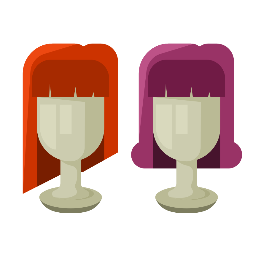 Two mannequins with wigs are displayed.