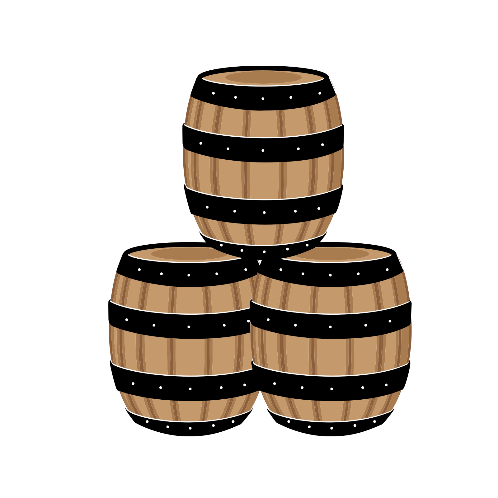 Three wooden barrels stacked up.