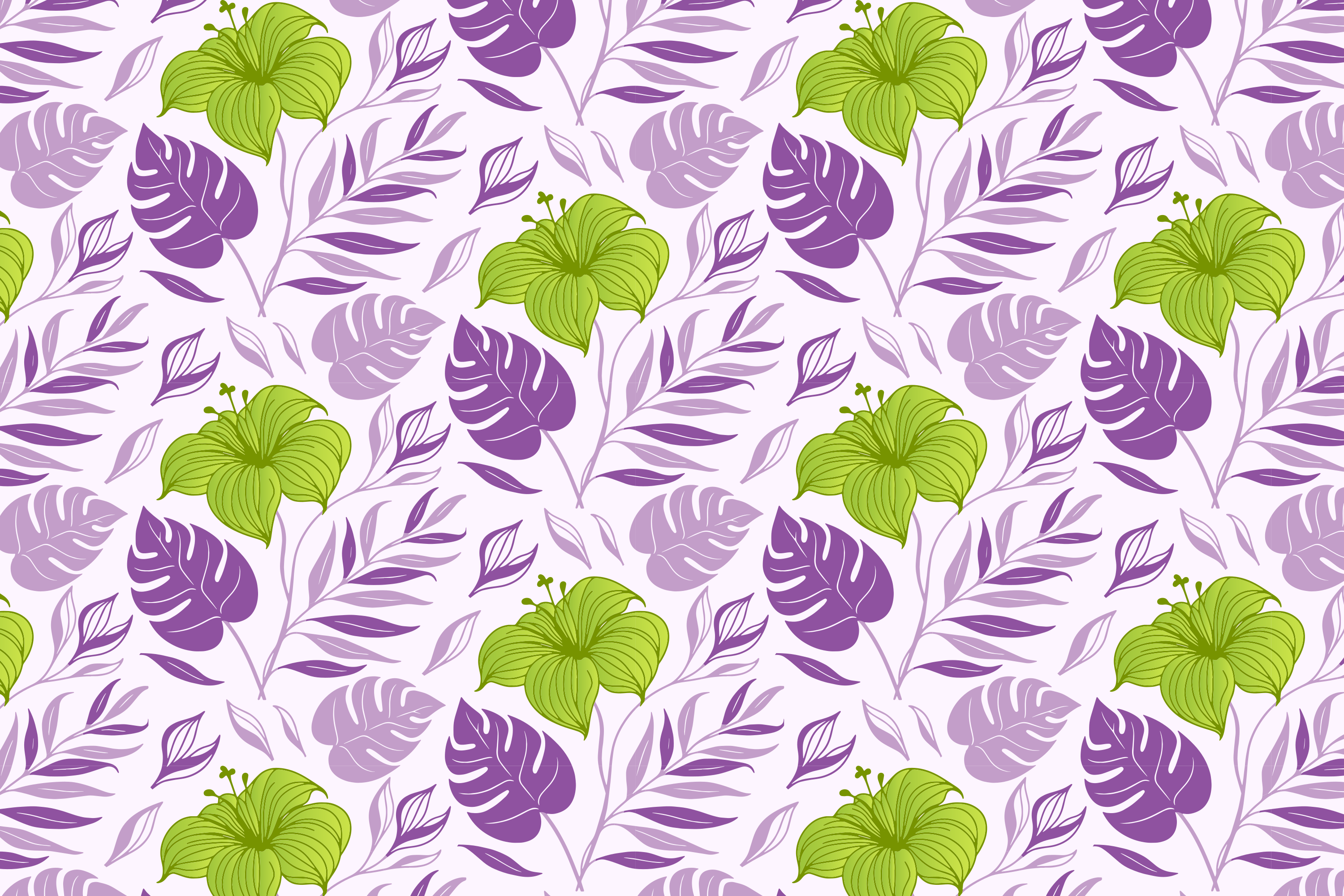 Tropical flowers and leaves form a colorful pattern.