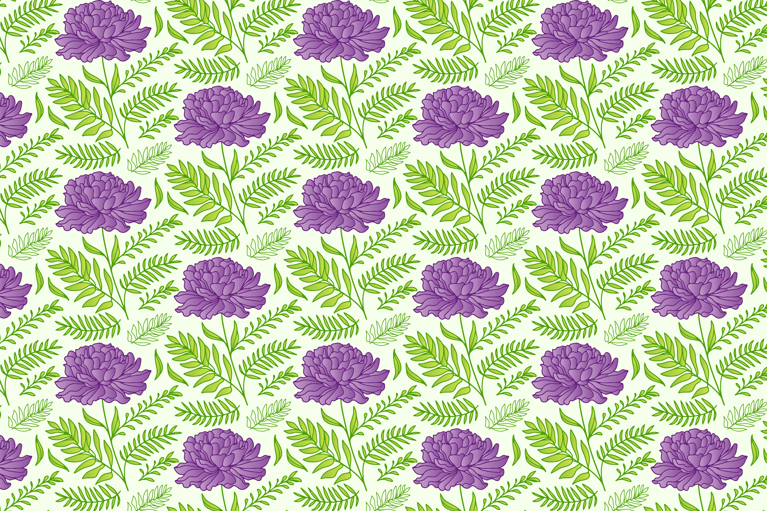 Purple flowers and green foliage form a pattern.