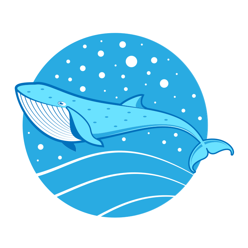 A blue whale swims through blue water.