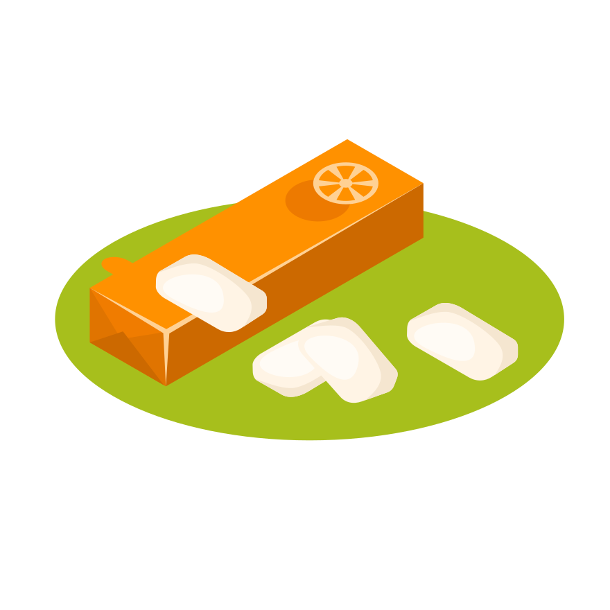 Gum and its box are displayed on a green surface.