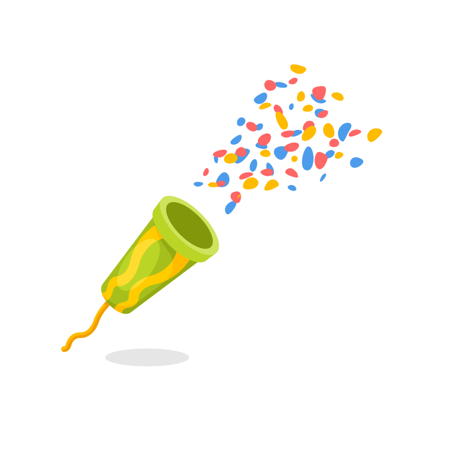 A party popper is bursting with colorful confetti.