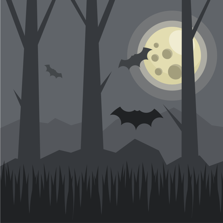 Bats fly in a spooky forest at night.