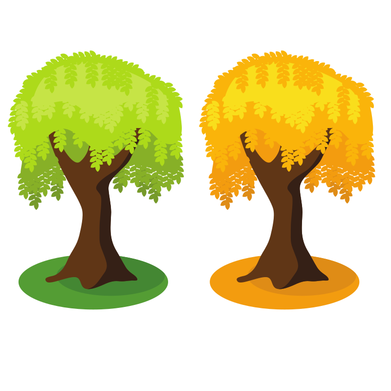 Two cartoon trees depict different seasons.