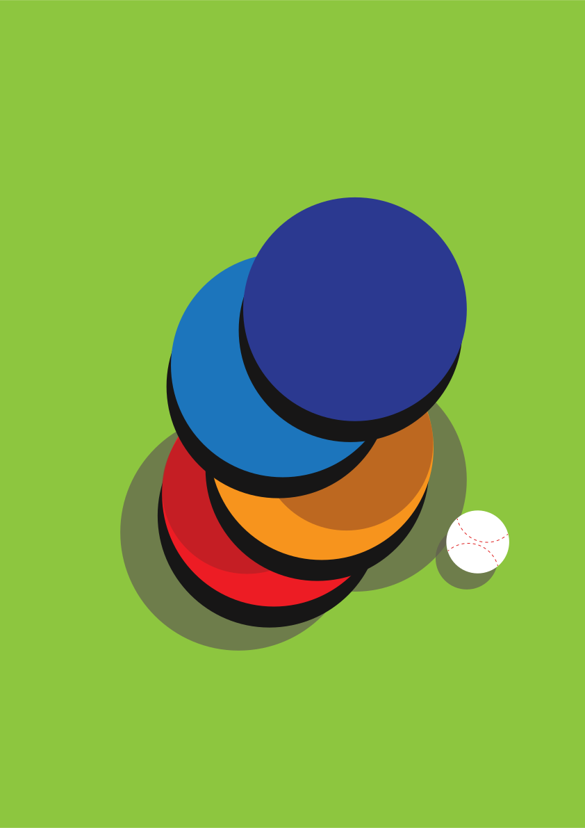 Colorful discs stacked beside a baseball.