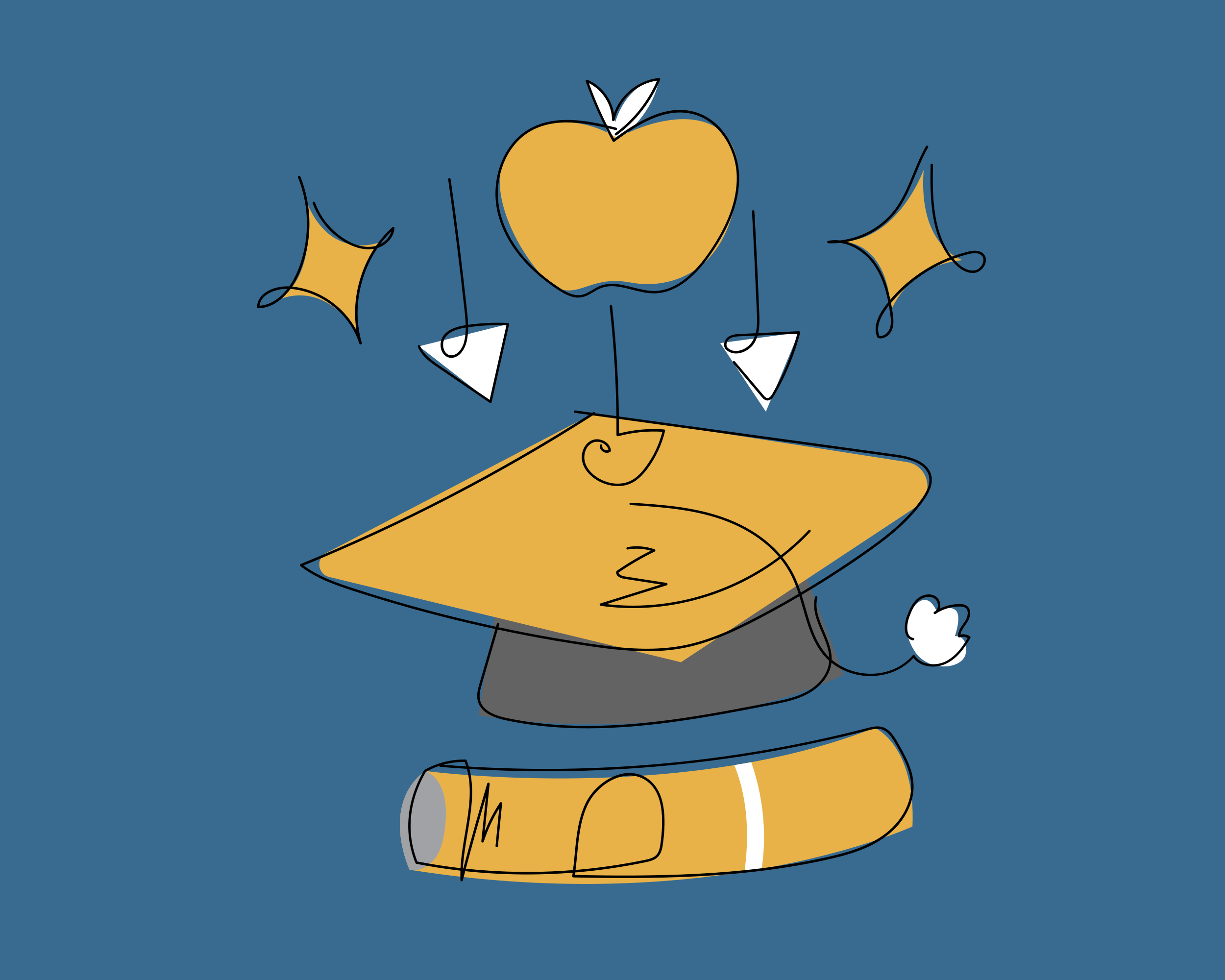 Una gorra de graduación con manzana y estrellas brillantes.