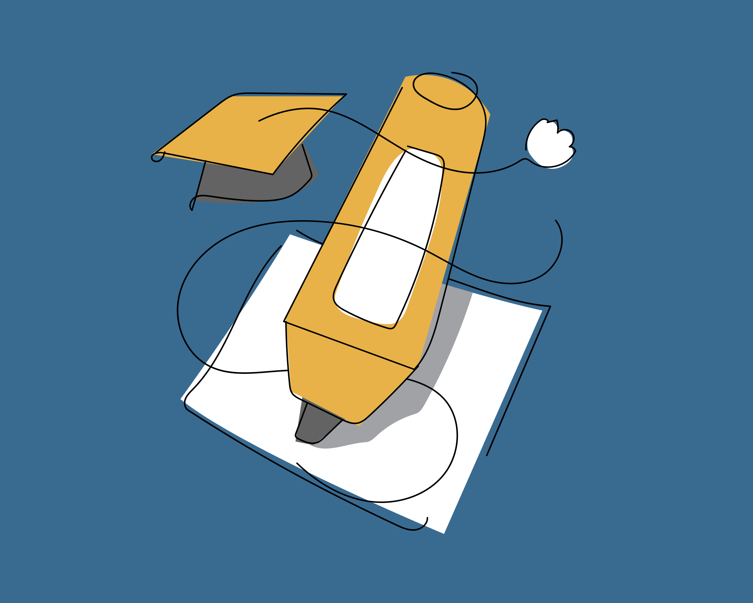 A highlighter marking a paper with a graduation hat.