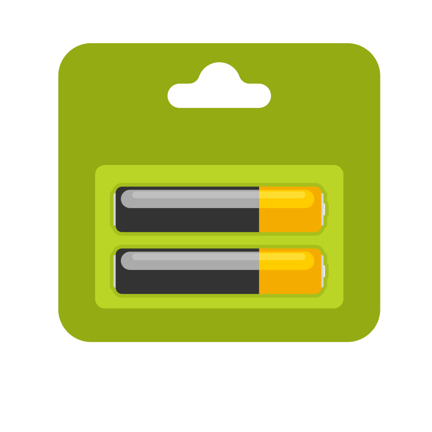 Batteries packaged in a green cardboard.