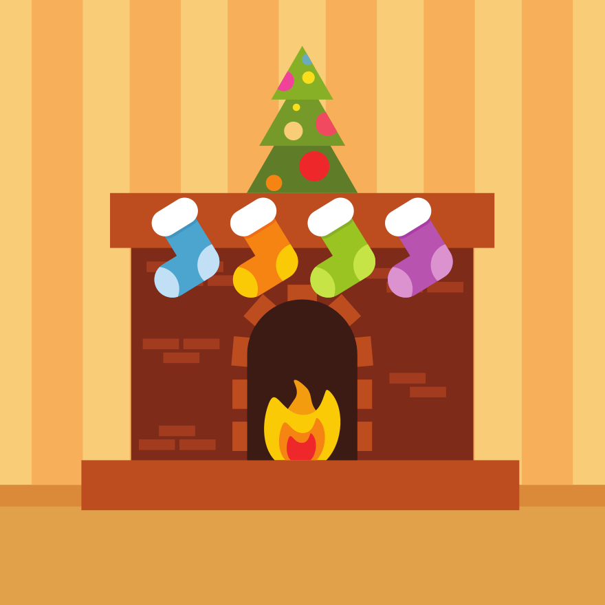 A decorated fireplace is ready for christmas.