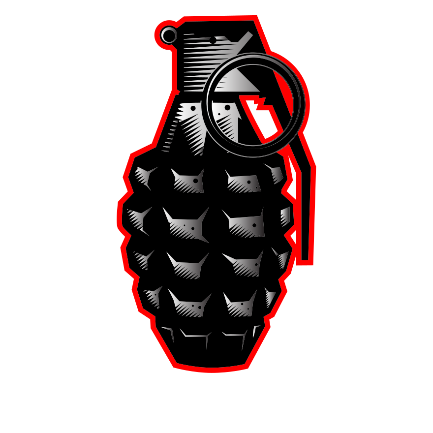 This image shows a black and red grenade.