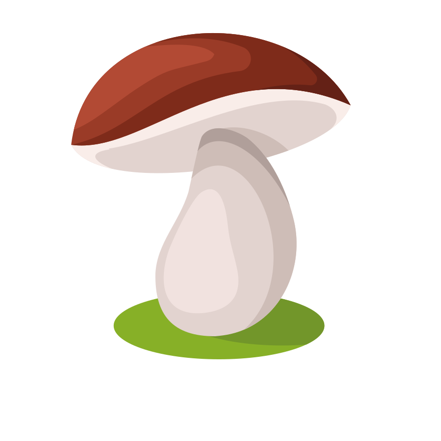 A brown-capped mushroom rests upon grass.