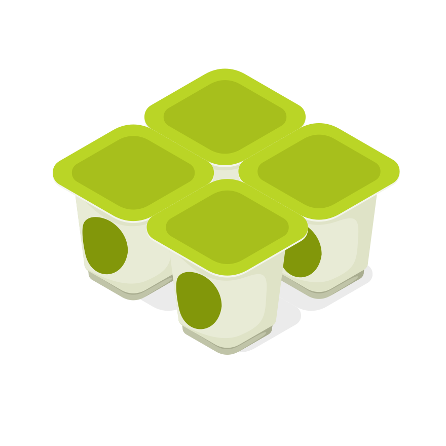 Four cups of yogurt, ready to eat.