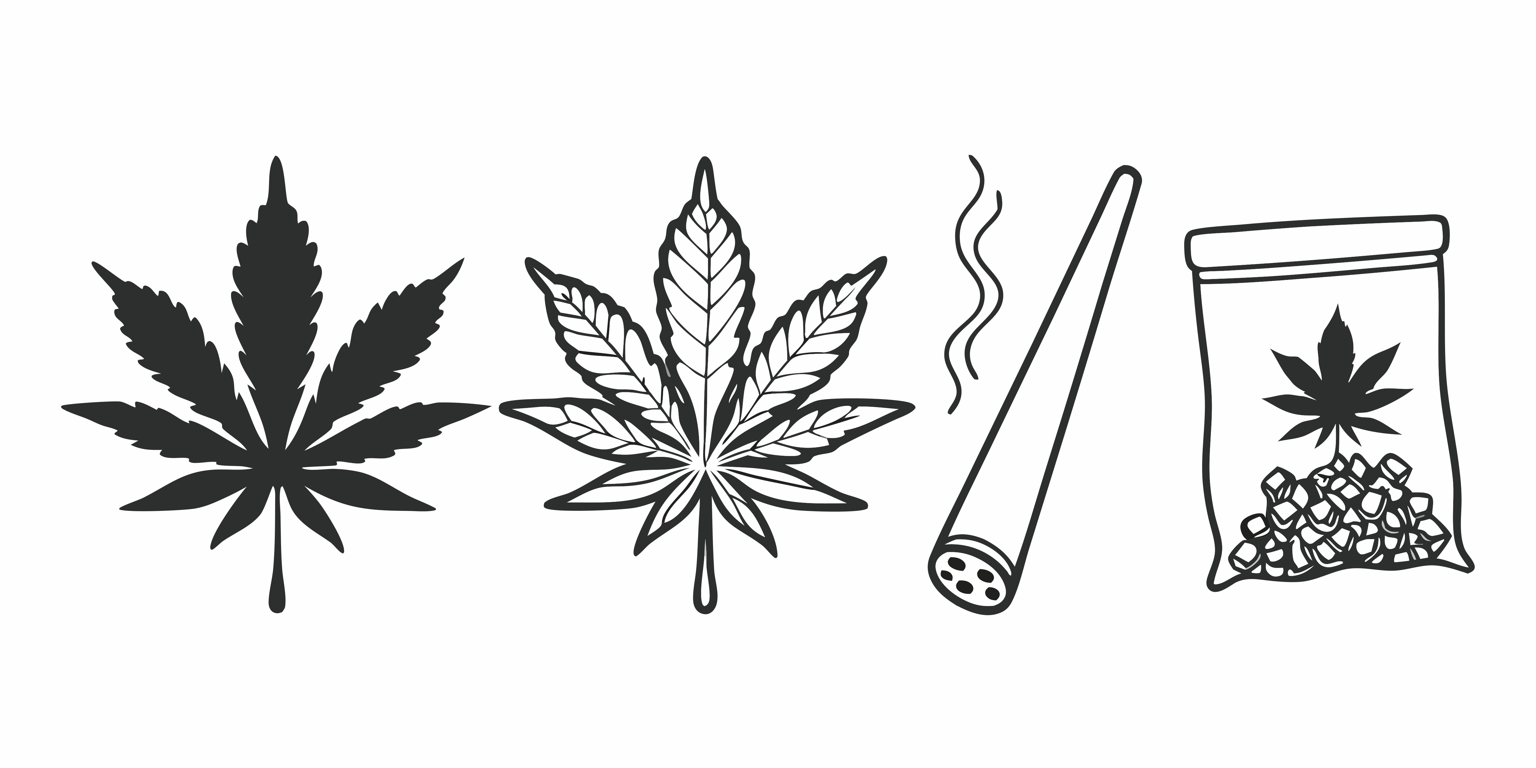 Marijuana leaves and paraphernalia are depicted in this image.