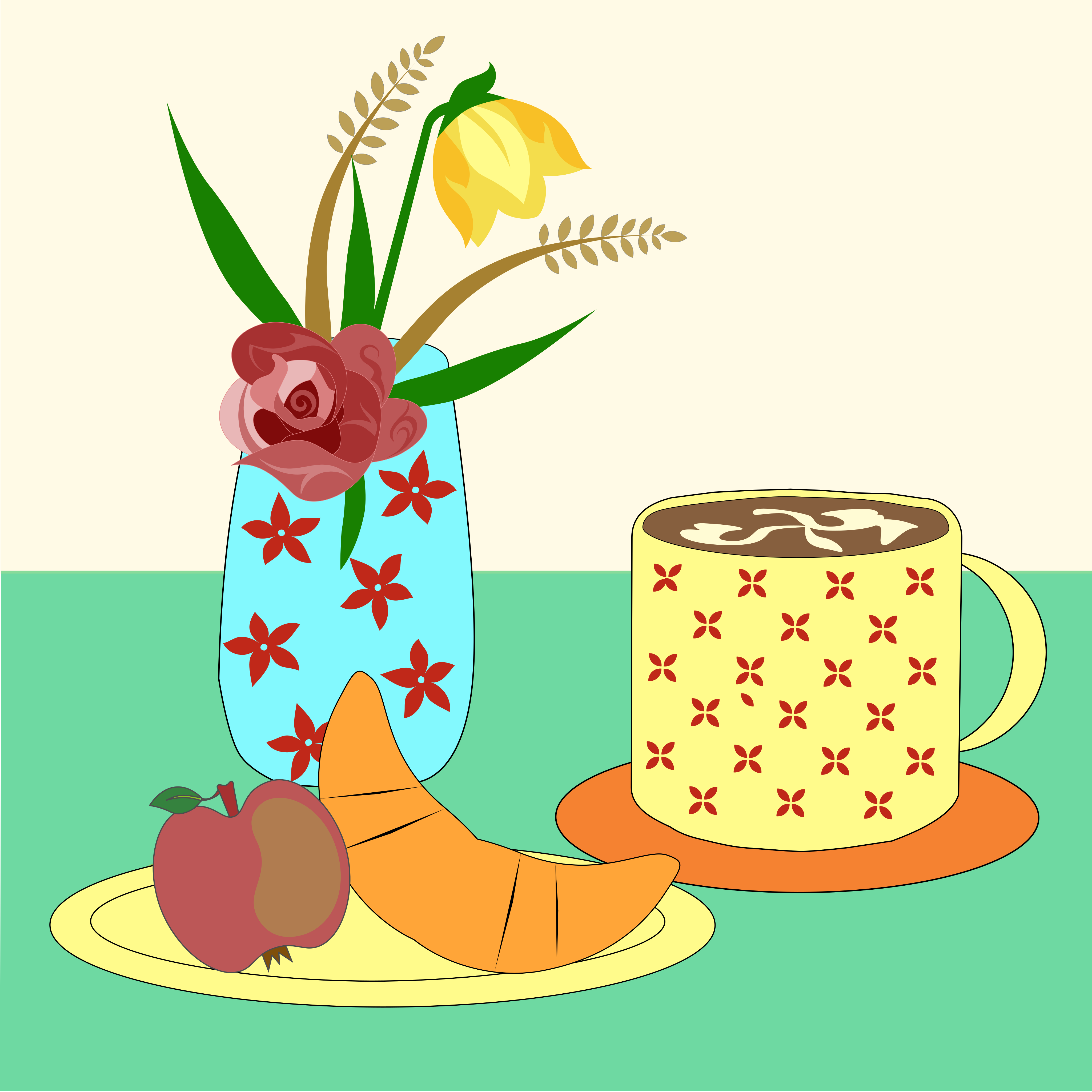 Breakfast with a vase of flowers.