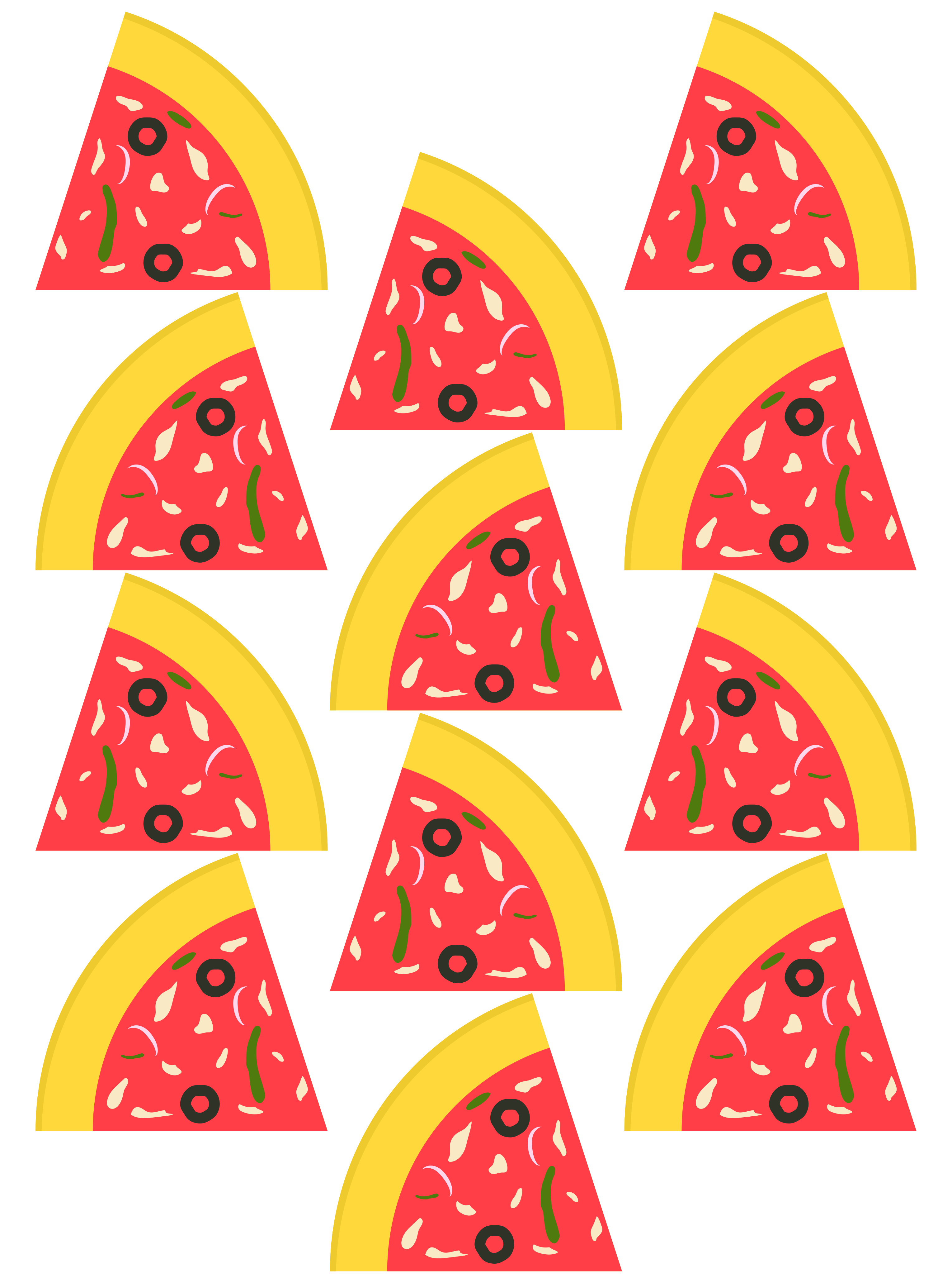 Pizza slices are arranged in a grid.