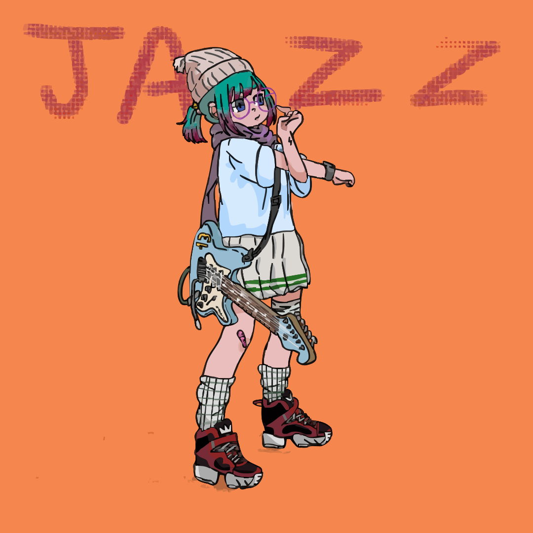 Una linda chica toca música jazz con una guitarra.