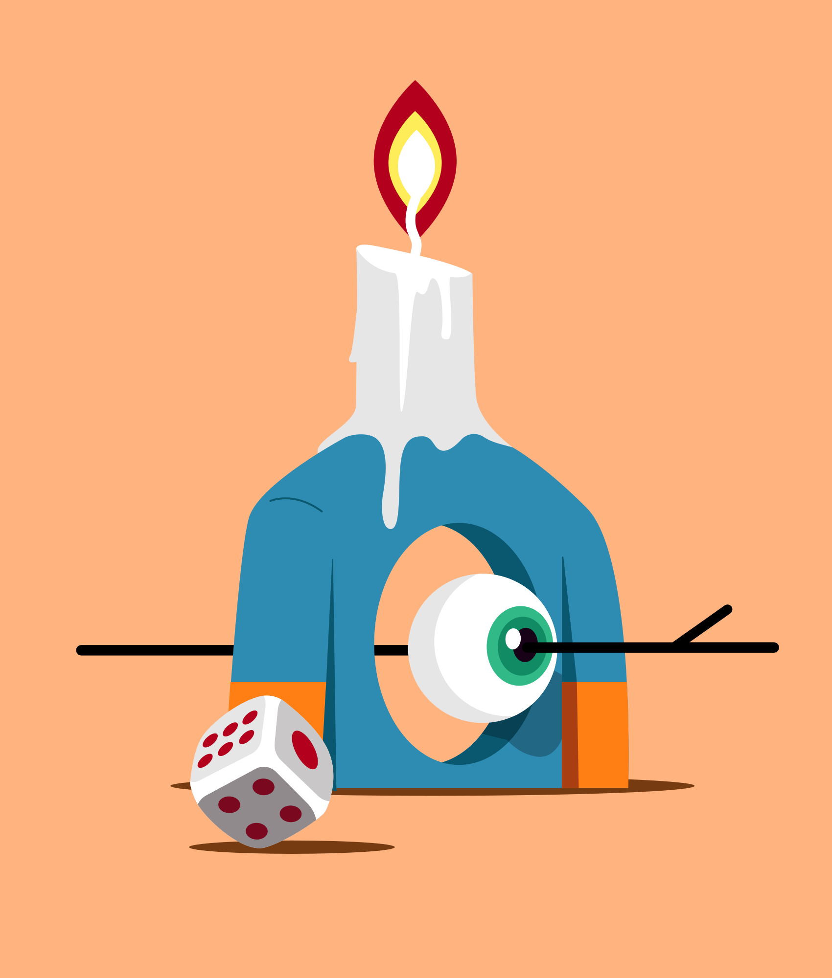 Ein Kerzenmensch, ein Würfel und ein Auge auf einem Stock.