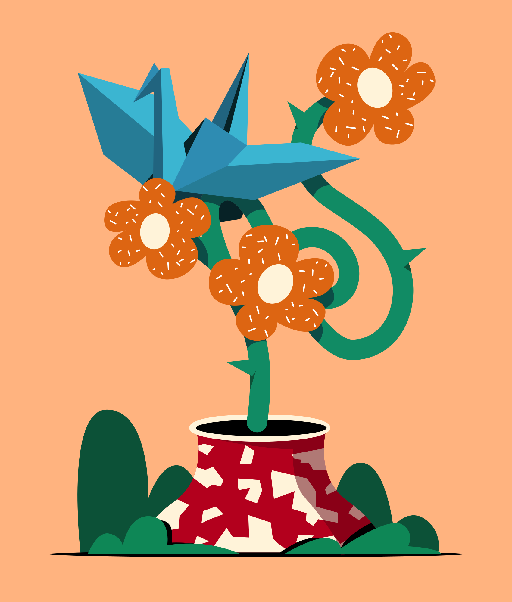 Origami bird with whimsical flowers in a pot.