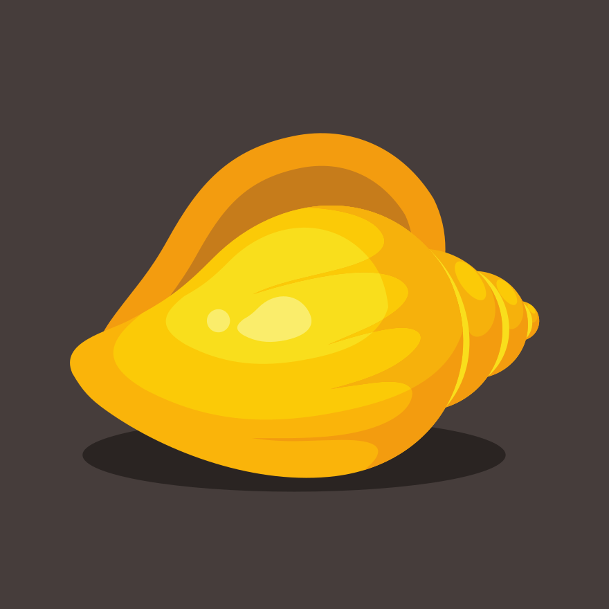 Here's a caption for the image: a shiny, yellow seashell rests on a dark background.