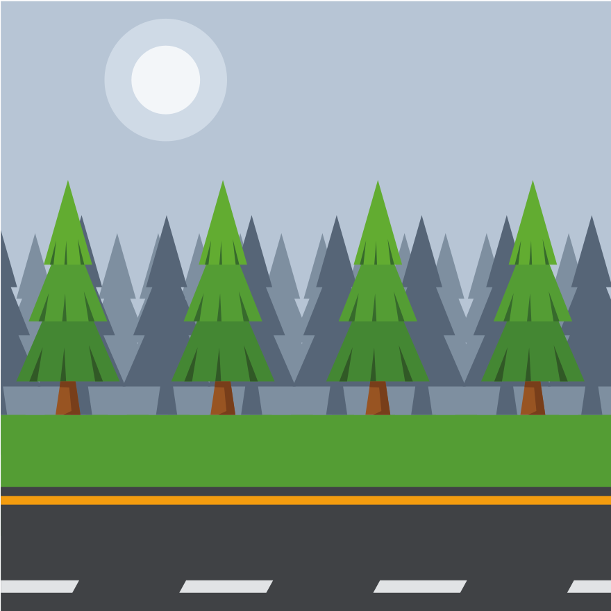 Trees line the road with a moon in the sky.