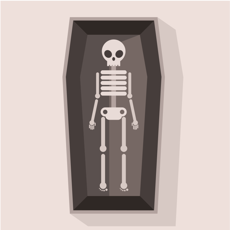 A skeleton lies in a coffin.