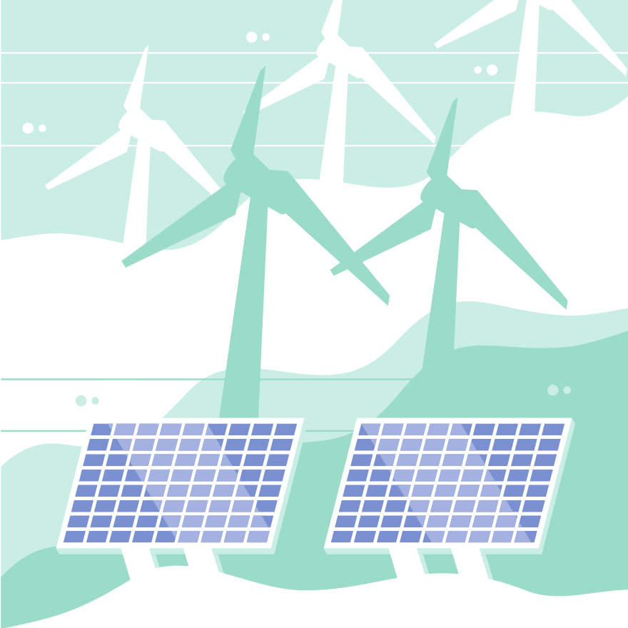 Wind turbines and solar panels generate renewable energy.