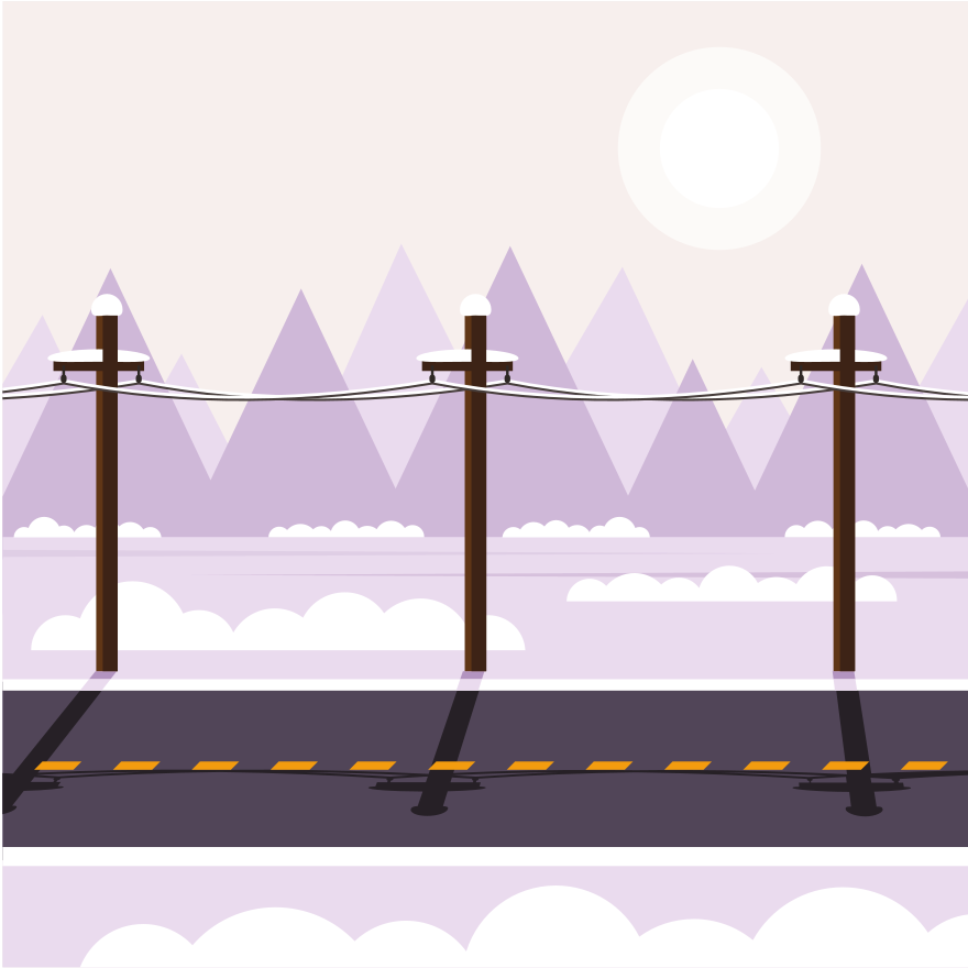 A snowy road with power lines and mountains.