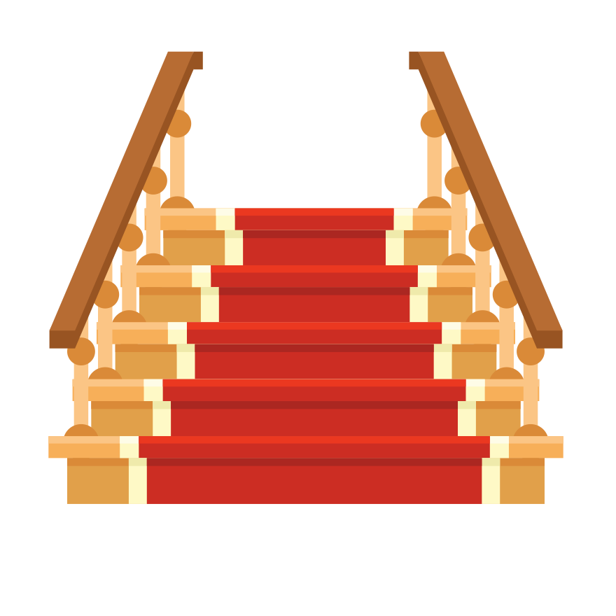 A red carpet staircase with wooden railings.