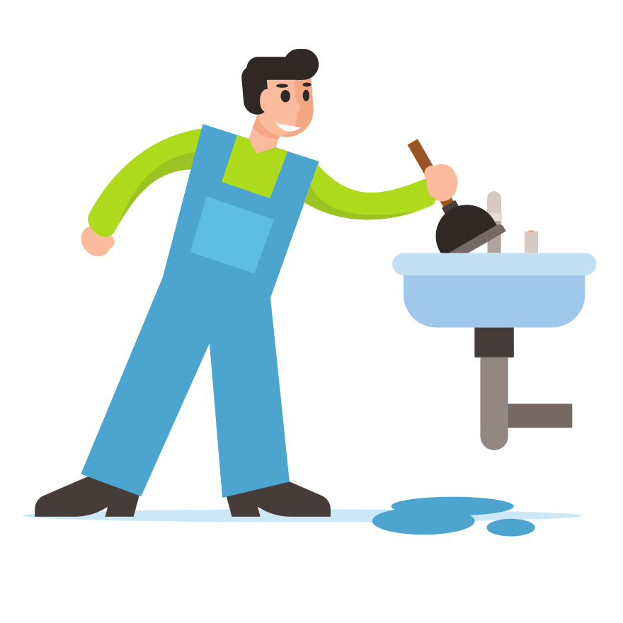 A plumber uses a plunger on a clogged sink.