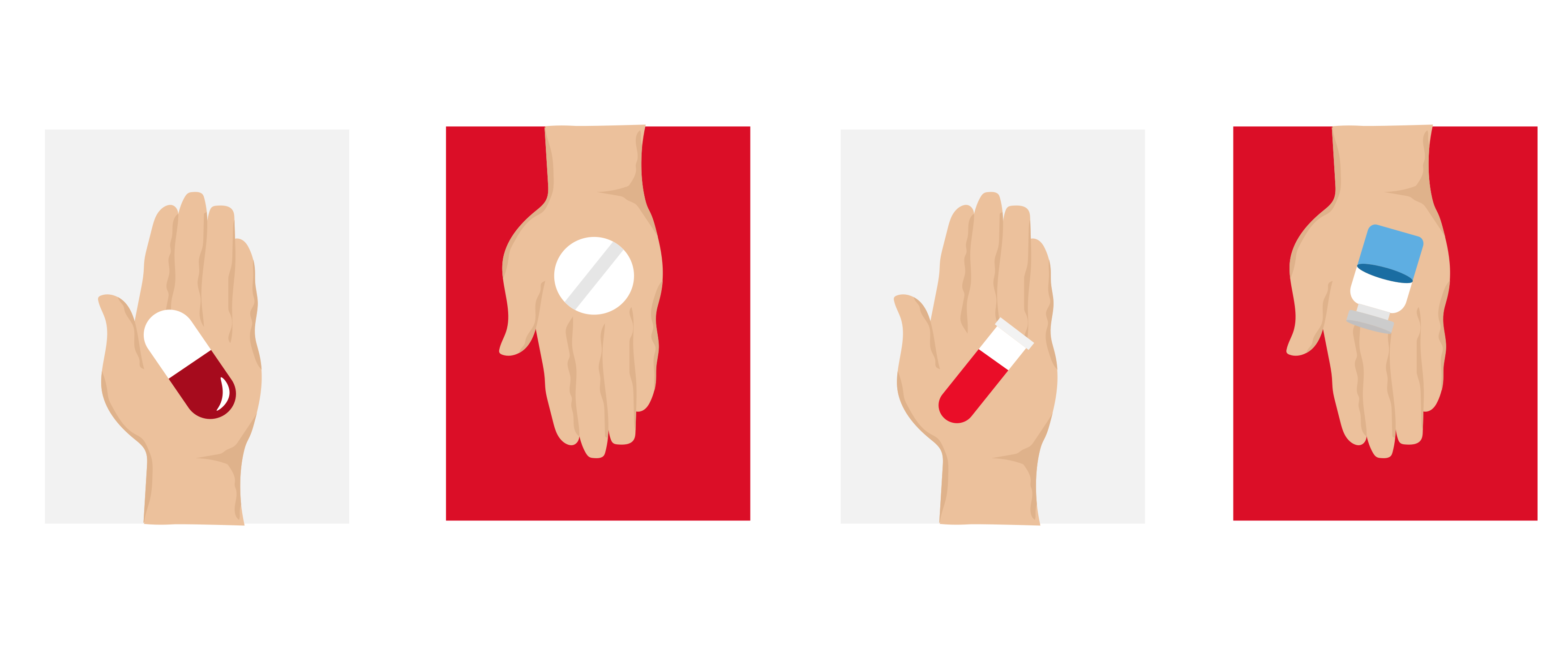 Hands holding different types of pills.