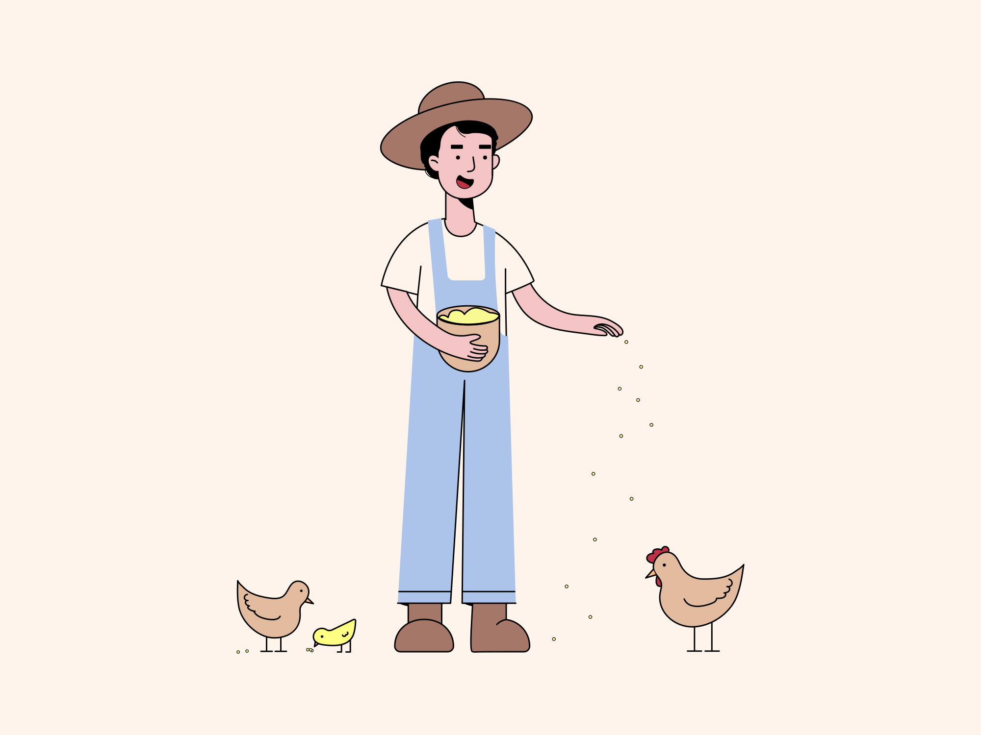 Un granjero alimenta gallinas, mostrando la vida en la granja.