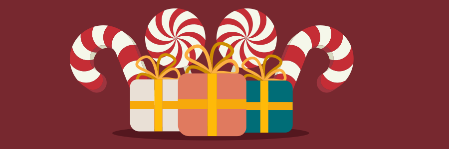 Candy canes and presents on a red background.