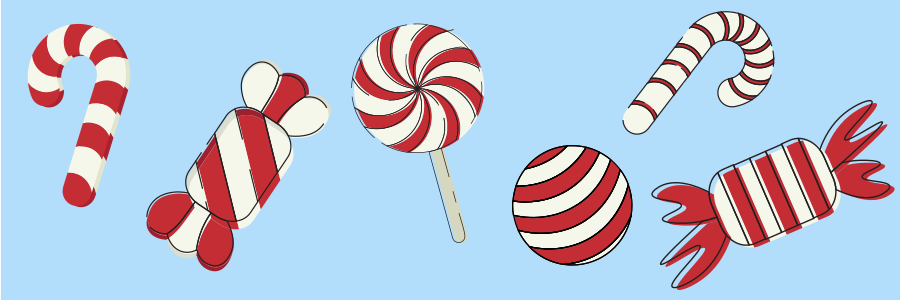 Various candies against a blue background.