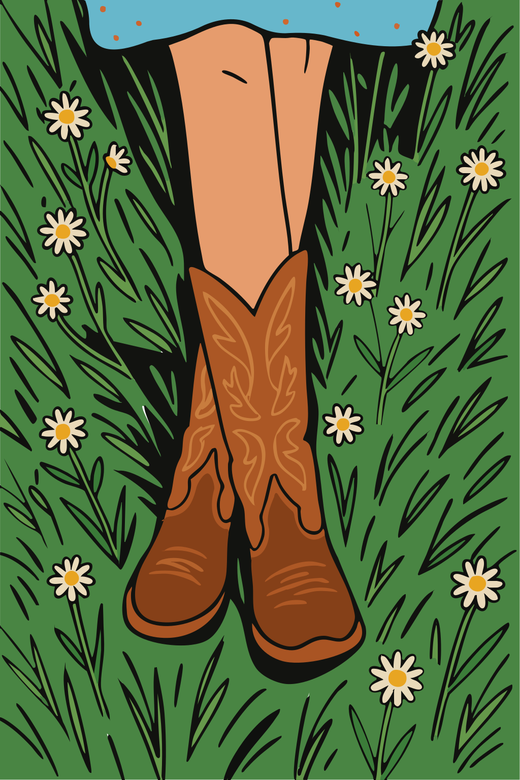 Cowboy boots and daisies in a field of grass.