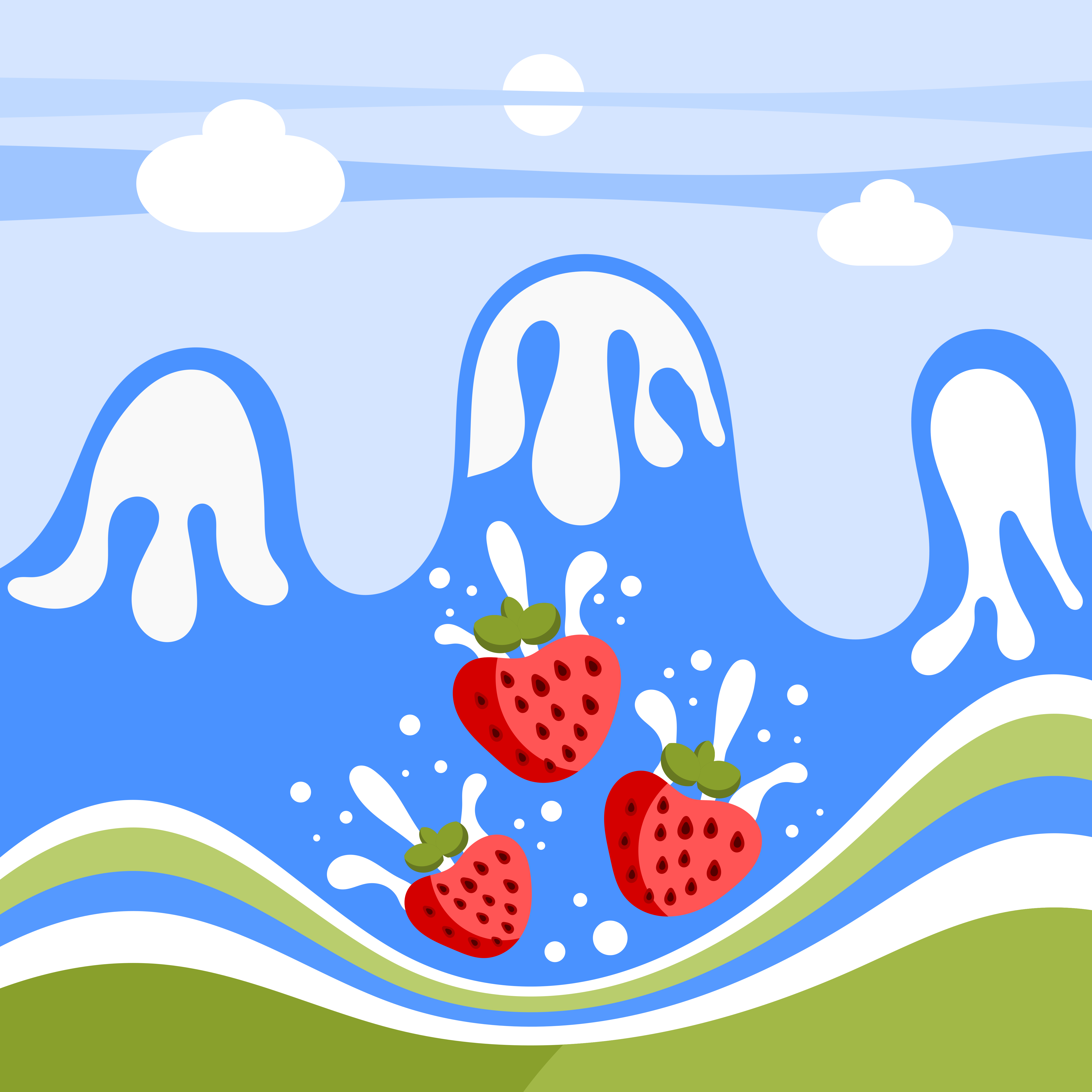 Le fragole schizzano nell'acqua lattiginosa