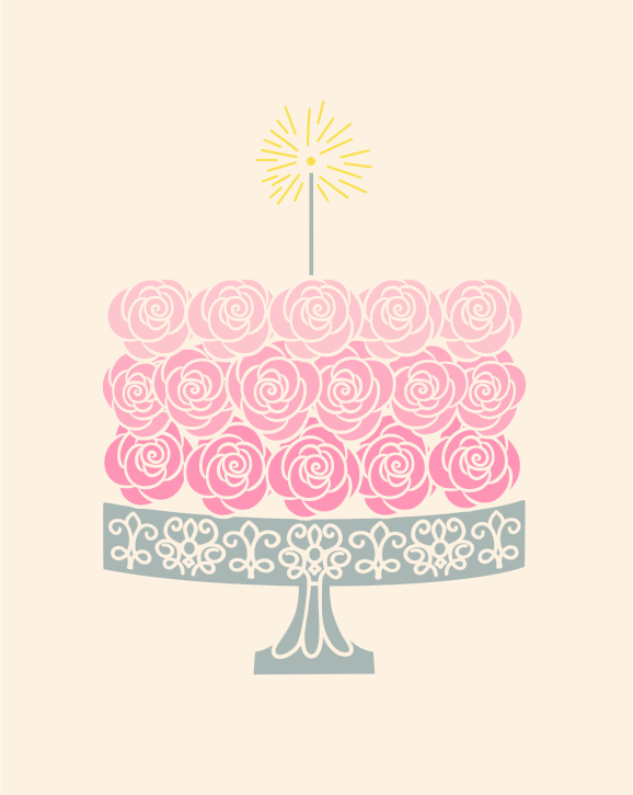 A rose-decorated cake with a sparkling candle.