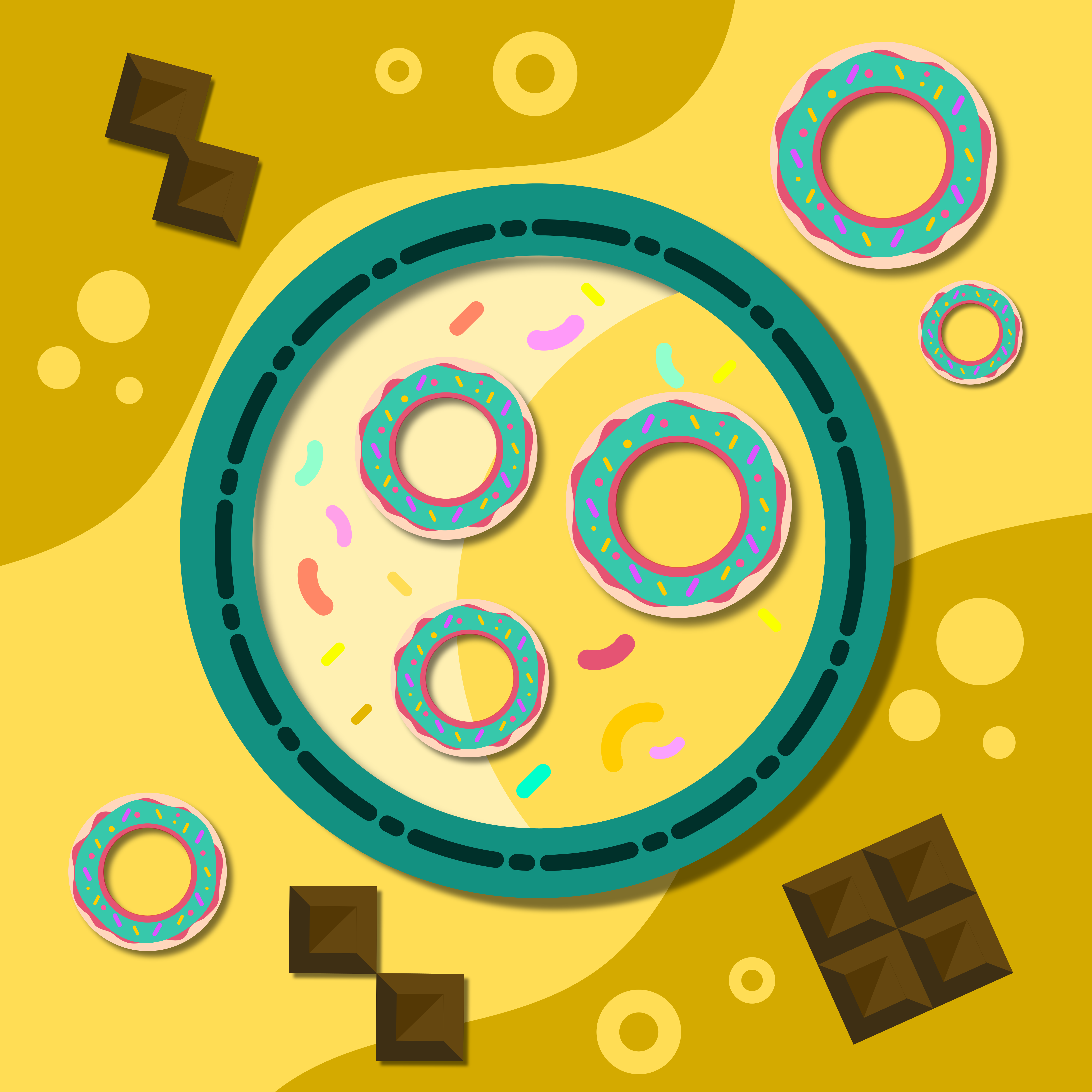 Delicious donuts and chocolate pieces decorate the image.
