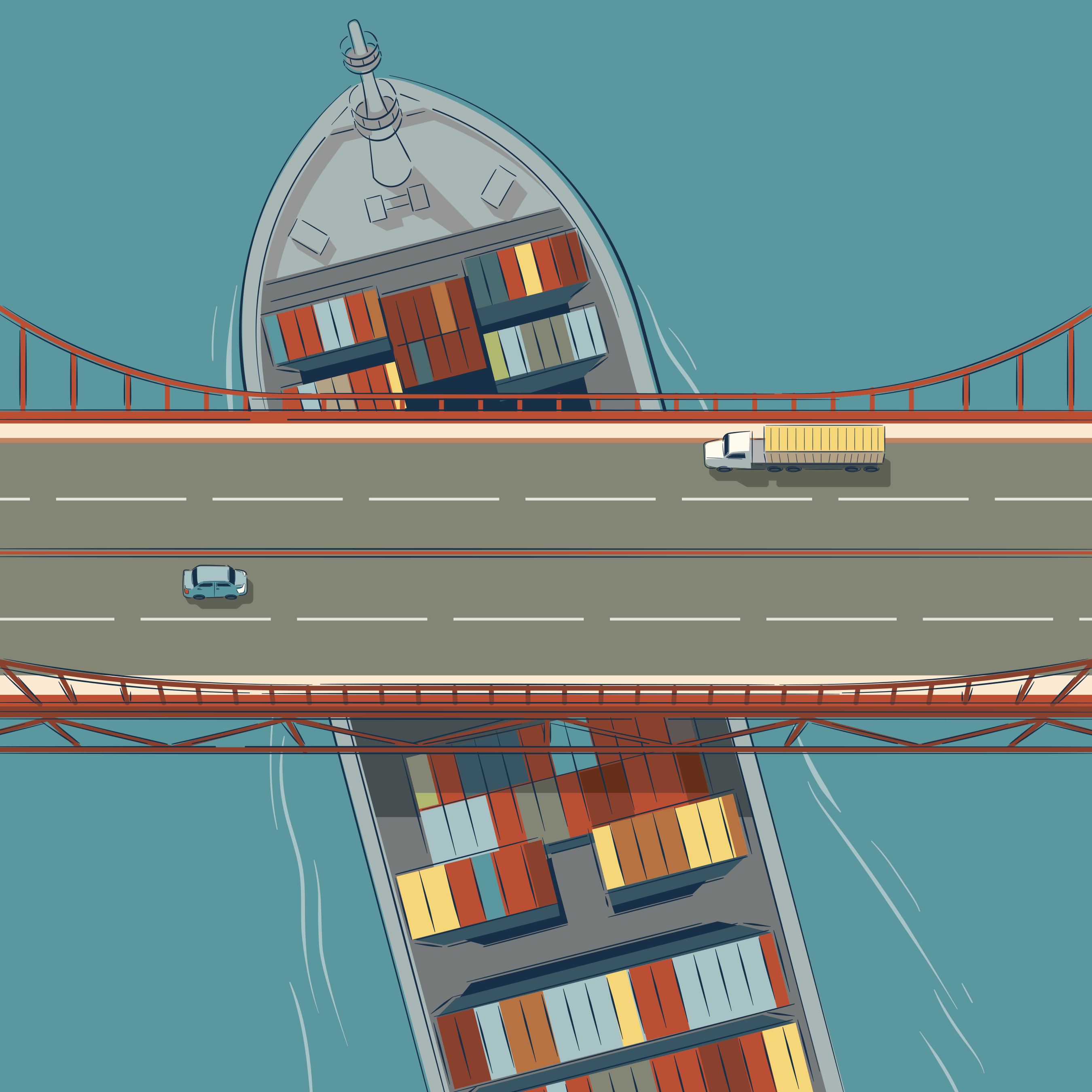 A ship is blocking traffic on a bridge.