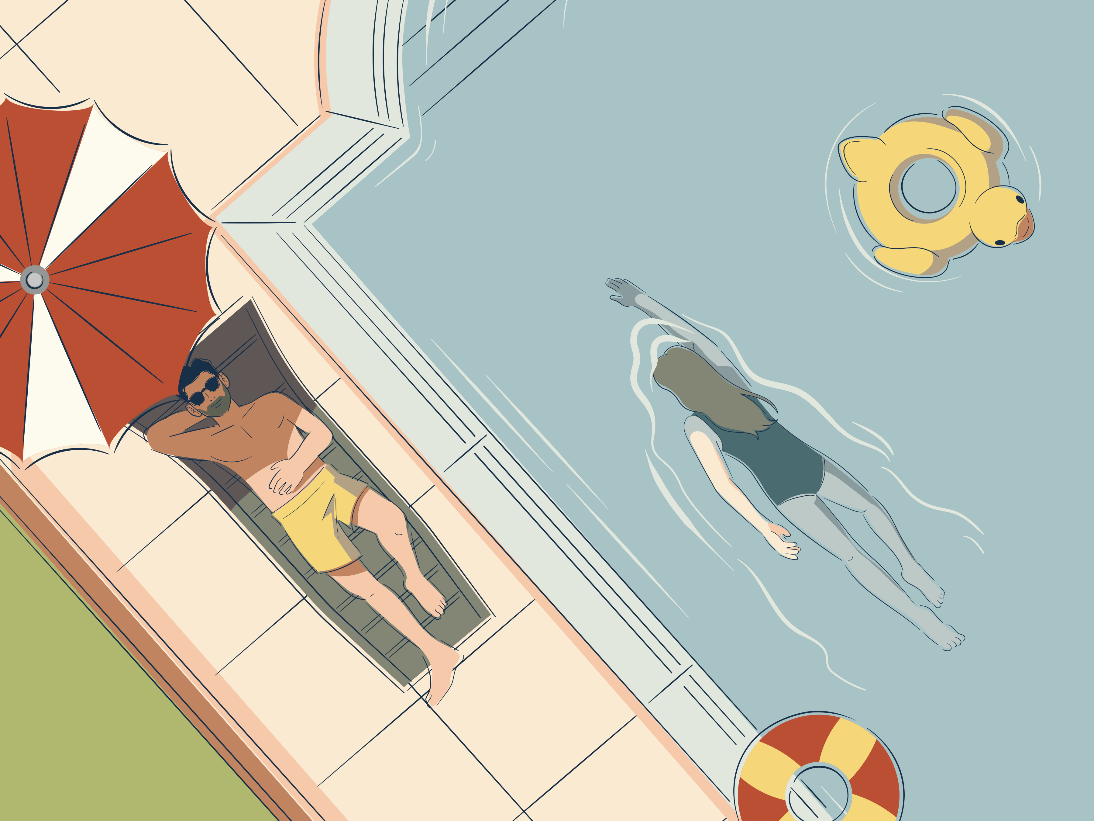 People enjoying a sunny day by the pool.