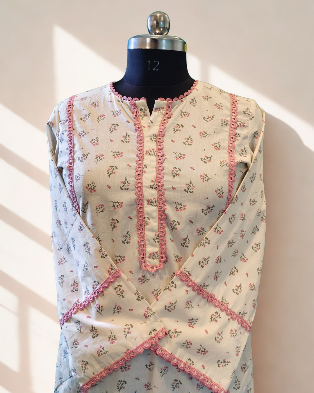 Off-White Floral Kurta with Pink Lace Trim
