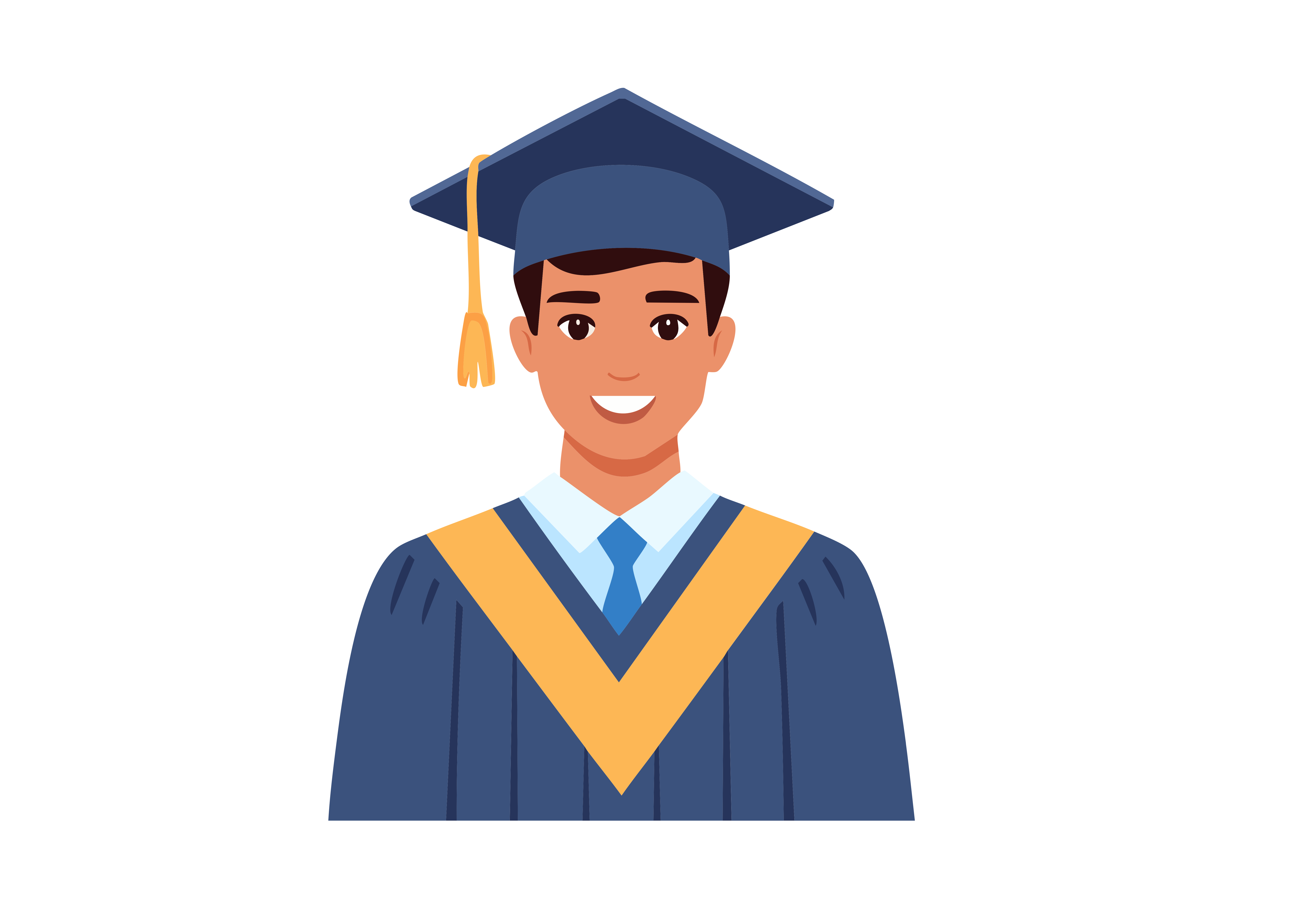 A happy graduate is wearing his cap and gown.